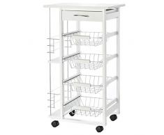 homcom Carrello da Cucina Salvaspazio in Legno Bianco, Portavivande con 1 Piano di Lavoro 1 Cassetto e 4 Cestelli Metallici, 47x37x83cm