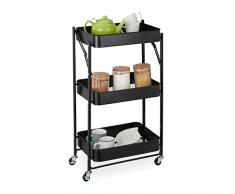 Relaxdays Carrello da Cucina a 3 Ripiani, HxLxP: 77,5 x 45,5 x 29,5 cm, Pieghevole, a Ruote, 4 Ganci, in Metallo, Nero, 90% Ferro 10% plastica, 1 pz