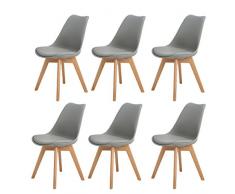 H.J WeDoo Set di 6 Tulip Pranzo Sedia in Quercia Massiccio, Sedie Tower con Cuscino Ecopelle Design per Il Massimo Comfort - Grigio