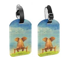 Confezione da 2 etichette per bagagli, elefante triste seduto su una panchina sulla radura in pelle PU, etichette per borse da viaggio con copertura privacy