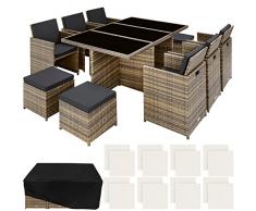 TecTake 800855 Set di Mobili da Giardino Poli Rattan, Alluminio Arredamento Set 6X Sedie 1x Tavolo 4X Sgabelli, Involucro Protettivo, Viti in Acciaio Inox, Nuovo (Naturale)