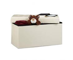 Relaxdays Panchina pieghevole, con scatola per conservarla nello sgabuzzino, sgabello, Finta Pelle, crema, 38 x 78 x 38 cm