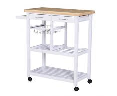 HOMCOM Carrello Portata da Cucina in Legno con Portabottiglie, Cestello, 2 Ripiani, 2 Cassetti, Legno di Pino, Resistente, Agevole, Versatile, 84,5x37,2x85cm