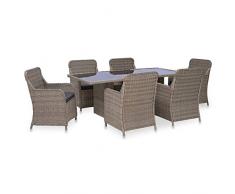 Tidyard Set 7 pz da Pranzo per Giardino in Polyrattan Marrone,Set Tavolo e Sedie da Giardino Esterno in Rattan e Vetro,Tavolo Rettangolare Vetro e 6 Poltrone con Cuscini in Rttan,Mobili Giardino