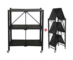 Scaffale a 3 Ripiani, Scaffale Regolabile con Ruota Pieghevole Mobile Scafale Cucina Carrello Multiuso con 4 Ruote e 2 Freni per Cucina di Casa Organizzazione Attrezzi da Garage, Nero 27.3*13.2*34.3