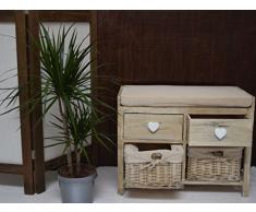 Rebecca Mobili Panca Legno e Vimini, panchina 4 cassetti, Beige, Shabby Chic, per Ingresso Camera - Misure: 46 x 60 x 30 cm (HxLxP) - Art. re4159