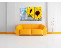 Girasole sul vecchio tavolo di legno 3 pezzi di immagini su tela 120x80 su tela, XXL Immagini enormi completamente Pagina con la barella, arte stampa sulla foto muro con cornice, gänstiger come un dipinto o un dipinto ad olio,