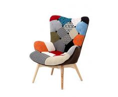Bricozone Poltrona Patchwork con Schienale Alto, Seduta in Memory Foam, Gambe in Legno di Faggio, 74 x 68 x 88 cm, Poltrona Sedia Foderata in Tessuto Patchwork Sfoderabile
