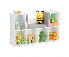 Relaxdays Libreria Portagiochi Bambini, 63x103x30 cm, Panca con Cuscini, Scaffale 6 Contenitori da Cameretta, bianca