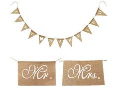 JAHEMU Tela Banner Just Married Banner & Mr e Mrs Sedia Banner Nozze Festa Tela Bunting Banner Vintage Nozze Banner per Nozze Bridal Fidanzamento Iuta Banner Decorazioni