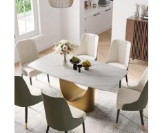 POVISON Tavolo da pranzo moderno da 160 cm con piano rettangolare bianco in pietra sinterizzata, base in acciaio al carbonio, tavolo da pranzo minimalista