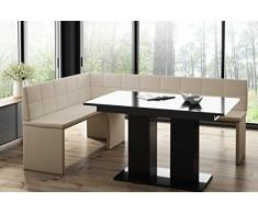 MyStyleWood Marta - Panchina angolare con tavolo a colonna, imbottita, in ecopelle, facile da pulire, struttura in legno, 142 x 196 l, colore: Crema