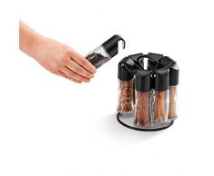 Metaltex Spice8 - Carosello Portaspezie con 8 contenitori, Vetro/Plastica, Nero, 15 x 15 x 16.5 cm