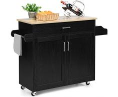 RELAX4LIFE Carrello da Cucina Grande Portaoggetti con Ruote Scorrevoli con Freni a Pedali, Carrello di Servizio in Legno Verniciato con Armadietto e Cassetti Capienti,136 x 76 x 91 cm (NERO) (Nero)