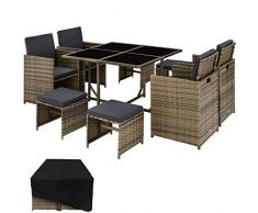 TecTake 800820 Set di Mobili Poli Rattan, 4X Sedie Tavolo 4X Sgabelli, Viti in Acciaio Inox, Arredamento da Giardino, Involucro Protettivo (Naturale)