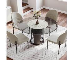 POVISON Tavolo da pranzo moderno con piedistallo in vetro rotondo da 135 cm per 6 persone con piano in pietra sinterizzata, base in acciaio al carbonio nero