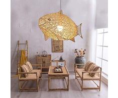 Risjc Lampada a sospensione Vintage Pesce lampada Rattan Hanging Light Fixture E27 lampadario luce di soffitto decorativo luce del pendente for il salone ristorante Attico Isola della cucina L65cm × H