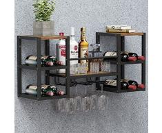 VEDECASA Mensola per vino da parete industriale con 3 supporti per bicchieri a vapore, in legno, colore nero, supporto per bottiglie di vino, multifunzione, per casa, bar, sala da pranzo, cucina