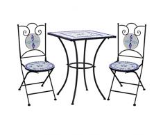 vidaXL Set Bistrò 3 pz con Mosaico Robusto Elegante Tavolo e Sedie per Esterni Arredi da Giardino Patio in Ceramica Blu e Bianco Telaio in Ferro