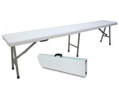Panca panchina panchetta 183X30H44CM pieghevole in dura resina di plastica bianca con 3 gambe in ferro e metallo richiudibile per tavolo