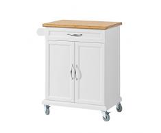 SoBuy Carrello multiuso, Scaffale da cucina, credenza soggiorno con armadietto e casseto piano in legno massello di bambù bianco,FKW13-WN