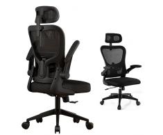 SOSINYA Sedia da ufficio ergonomica, sedia da scrivania con poggiatesta regolabile, braccioli pieghevoli, supporto lombare regolabile, sedia girevole a rete, per persone 150-185 cm