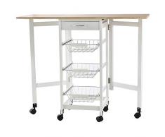 homcom Carrello da Cucina con 3 Cestini, Cassetto e Ribalte, 6 Ruote Girevoli, in MDF e Metallo, 37x37x77.5cm, Bianco e Legno
