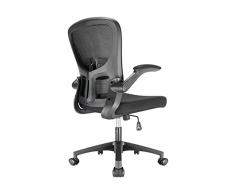 Durrafy Sedia ufficio, Sedia con Braccioli Pieghevoli, Sedia girevoli regolabili in altezza, Sedia Ergonomica con supporto lombare regolabile, Ruote silenziose, Sedia direzionali, Capacità 130kg