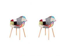 Set di 2 sedie da pranzo sedia da cucina sedia lounge sedia di design con schienale in lino pezzi in legno massello poltrone in tessuto multicolore con rivestimento patchwork per la sala(patchwork)