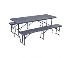 Hortan Set Tavolo Rettangolare Completo Di 2 Panche Pieghevoli Con Piano In Resina E Struttura Richiudibile Salvaspazio In Acciaio, Per Arredo Esterno, Giardino, Terrazzo e Campeggio