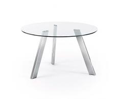 Kave Home - Tavolo da pranzo Carib rotondo Ø 130 cm con piano in vetro trasparente e gambe in acciaio cromato