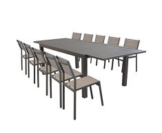 Milani Home s.r.l.s. Set Tavolo Giardino Rettangolare Allungabile 200/300 X 100 con 10 Sedie in Alluminio E Textilene Taupe da Esterno