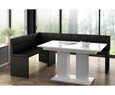 MyStyleWood Marta - Panca angolare con tavolo a colonna, in ecopelle, imbottita, facile da pulire, telaio in legno robusto, 128 x 168 l, colore: Nero