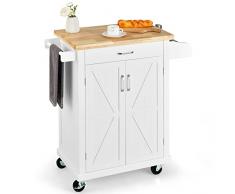 COSTWAY Carrello da Cucina con Ruote, Isola da Cucina in Legno con Cassetto Portasciugamani e Portaspezie, Carrello di Servizio per Cucina Car, 89x45x96 cm (Bianco)