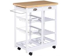 HOMCOM Carrello da Cucina con Ruote Cassetti e Portabottiglie in Legno Bianco 74x37x76cm