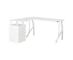 HOMCOM Scrivania Angolare con Cassettiera, Scrivania Ufficio Porta PC in Legno e Metallo, Bianco, 143.5x143.5x76cm