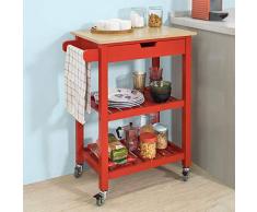 SoBuy Carrello Cucina Credenza Legno con 1 cassetto, 2 Ripiani, Piano in Legno di Hevea, Rosso, L65*P39*A85cm FKW66-R