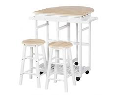 HOMCOM Carrello da Cucina Pieghevole e Salvaspazio con 2 Sgabelli 2 Cassetti 4 Ruote (Rotazione 360°), Legno MDF Bianco