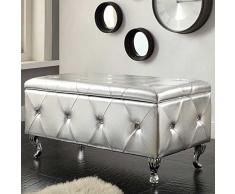 BAKAJI Cassapanca Pouf Contenitore Poggiapiedi Camera da Letto Panca Sgabello Struttura in Legno Rivestimento Ecopelle Decorazione Trapuntata con Cristalli Gambe in Metallo Design Moderno (Argento)