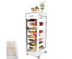 Kasalingo Carrello Porta Frutta e Verdura con cassetto portapane 29,5x37 h 83 in Legno, carrello da cucina con ripiano multiuso 100% Made in Italy. (Bianco)