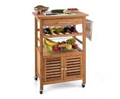KLARSTEIN Louisiana - Carrello Portavivande, 4 Ripiani, mensola con Ante, cesta in Acciaio, Supporto per Bottiglie, cassetto, Superficie di appoggio, Due Freni di stazionamento, Legno