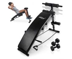 Physionics® Panca per Addominali - Pieghevole, Altezza Regolabile in 5 Livelli, con Manubri e Corde di Allenamento, Acciaio-Panca Reclinabile, Declinata, per Esercizi Sit Up, Multifunzione, Palestra