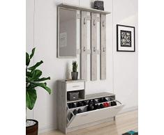 Germanvox - Mobile da Ingresso moderno, Panca con scarpiera e specchio, Entratina con cassetto e appendiabiti, L.100 P.25 H.180 cm, Bianco e Grigio Cemento