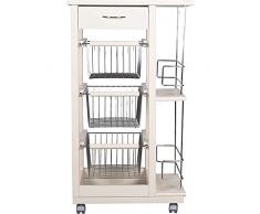Marvin Carrello Cucina SALVASPAZIO in Legno di FAGGIO con CASSETTO E CESTI CONTENITORI PORTABOTTGLIE Vino 4 Ruote GIREVOLI PORTAPANE PORTAFRUTTA (Bianco)