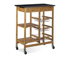 Relaxdays 10020314 Carrello da Cucina/Per Cucina, in Legno di Bambù, con Superficie in Marmo, Cassetto Estraibile con Blocco, 37.5 X 67.5 X 82.5 cm, Marrone e Nero