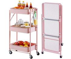 3 Piani Pieghevole Scaffale Portaoggetti Carrello Portavivande su Ruote, con 2 Ruote Bloccabili Installazione Gratuita Carrellino per Camera da Letto Cucina Ufficio