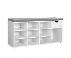 VASAGLE Panca Scarpiera, Panca Contenitore con Cassetto e Scomparti Aperti, Scaffale Portascarpe, Seduta Imbottita, per Ingresso Corridoio Camera da Letto, 104 x 30 x 48 cm, Bianco LHS24WT