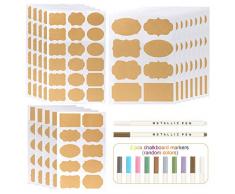 Kesote Etichette di Carta Kraft - 200 Adesivo Lavagna Riutilizzabile + 2 Marcatore di Gesso Colorato Lavagna Adesiva per Decorare Barattoli, Vino, Dispensa, Casa e Ufficio