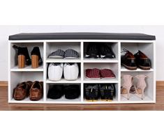 RICOO Scarpiera da ingresso WM033-W-A Armadietto Armadio con Scaffale e scompartimenti panca sedile comodo scarpe ripiano seduta cuscino cassapanca organizer portascarpe salvaspazio in legno Bianco