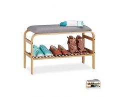 Relaxdays Scaffale Scarpiera da Ingresso, con Panca Imbottita, 3 Paia, Guardaroba, Camera, Porta Scarpe, 46x69x30 cm, Naturale, bambù, Tessuto, 1 pz